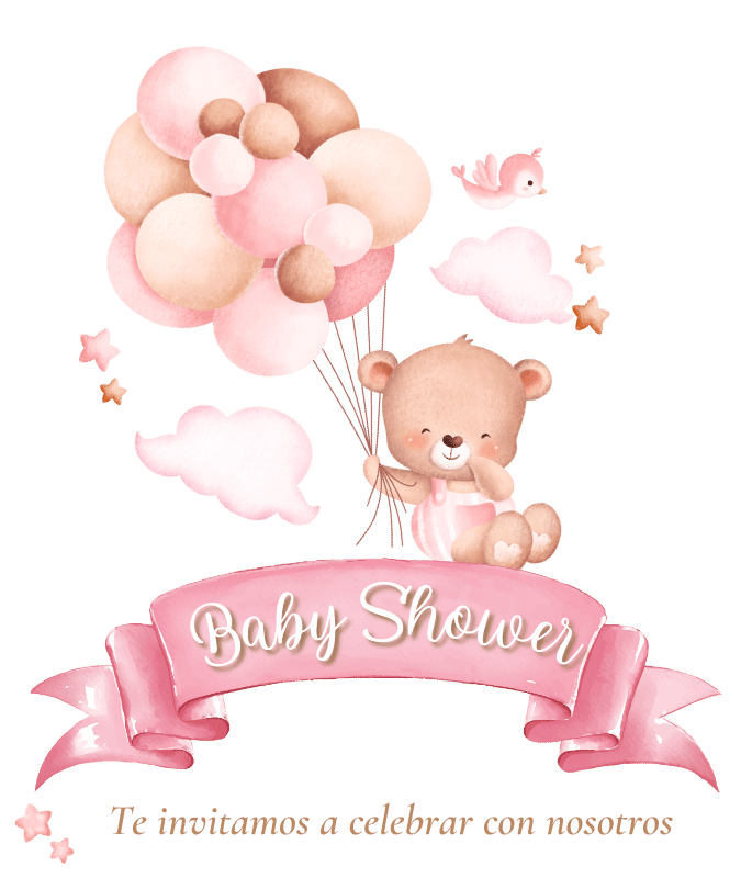 Oso rosa en las nubes con globos