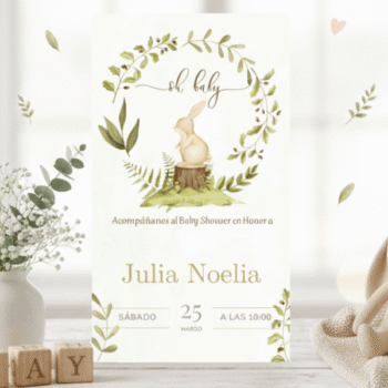 Invitación Digital para Baby Shower: Tema Conejo y Bosque
