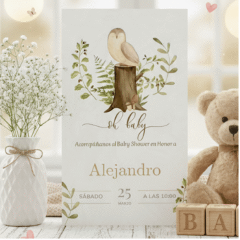 Invitación Digital para Baby Shower con Temática de Búho y Bosque