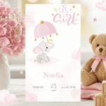 Tierna Celebración, Bienvenida a la Pequeña con Elefante con Sombrillas entre Nubes
