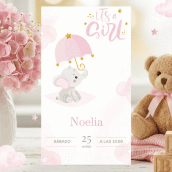 Tierna Celebración, Bienvenida a la Pequeña con Elefante con Sombrillas entre Nubes