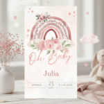 Arcoíris Floral en Tonos Rosa: Invitación de Baby Shower